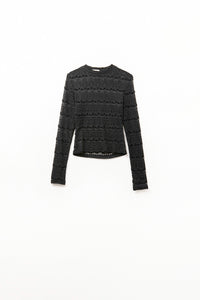 Q2 Top de Renda Floral com Gola Redonda em Preto