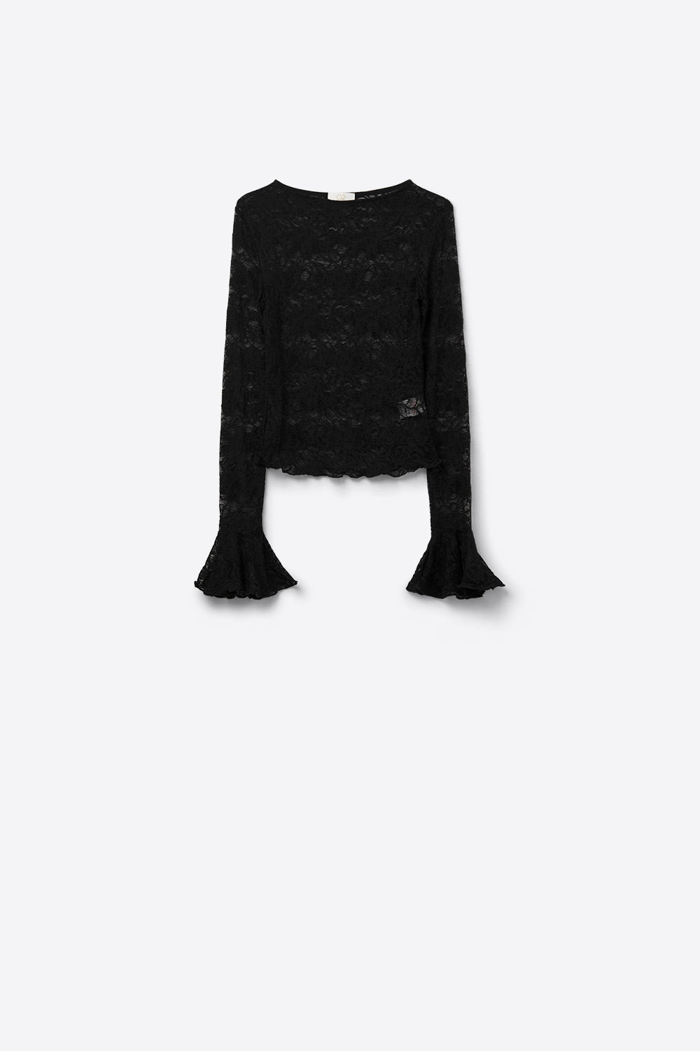 Top de renda preta com mangas compridas e largas e babados