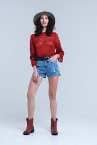 Top de renda pura de Borgonha com mangas de sino