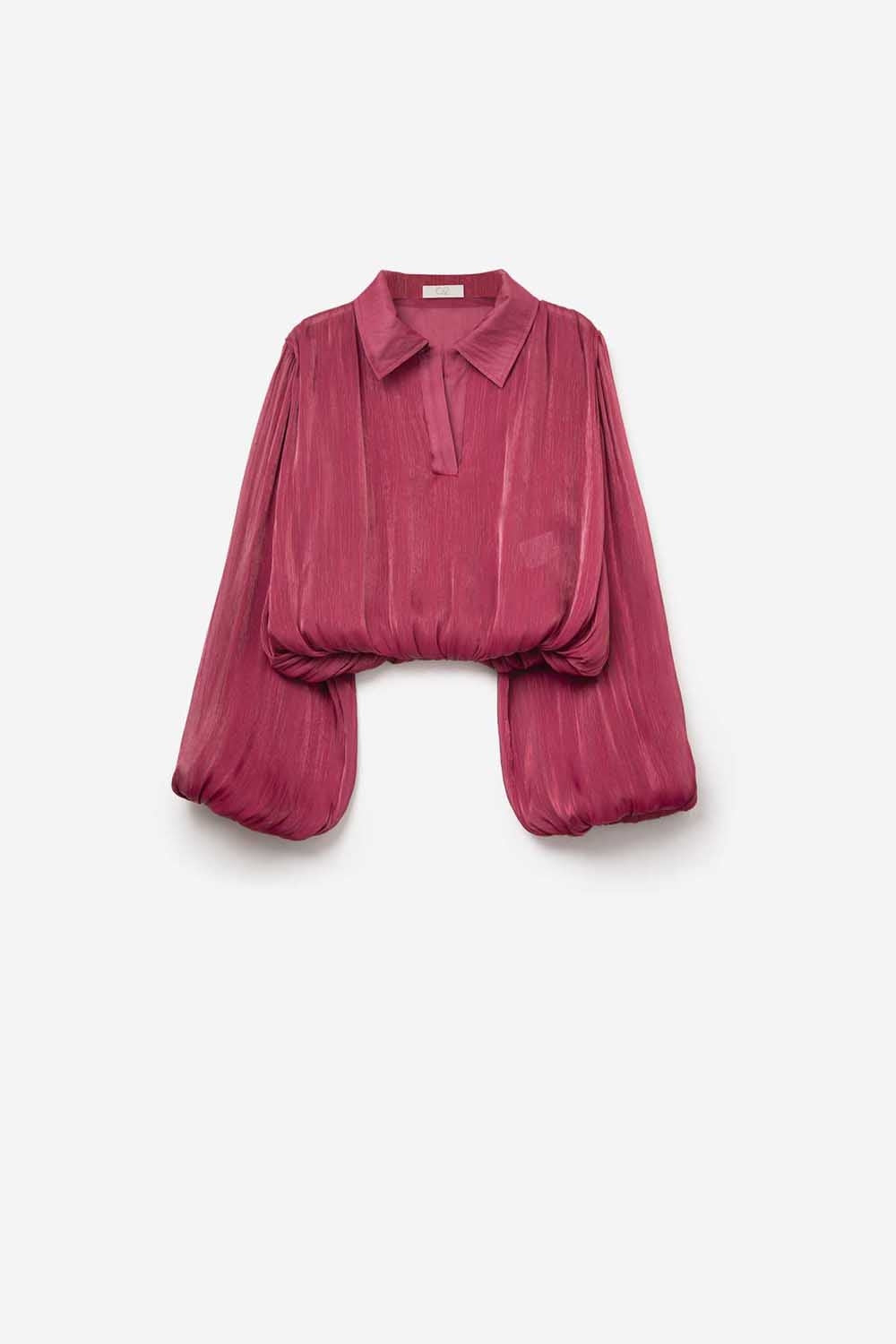 Q2 Top elegante de cetim brilhante com corte em fucsia