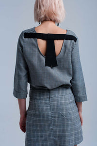 Top padrão de tartan cinza com fitas