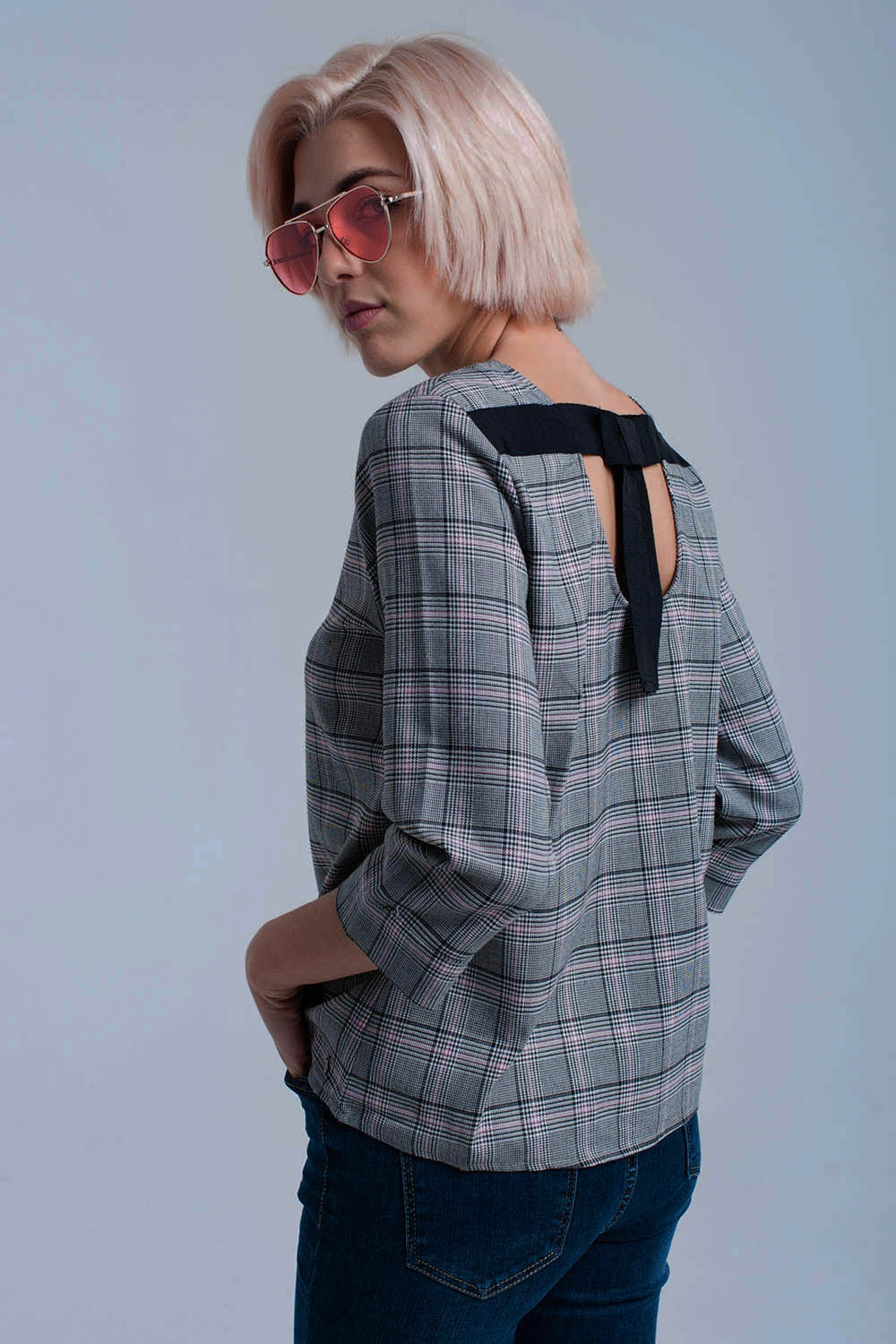 Q2 Top padrão de tartan rosa com fitas