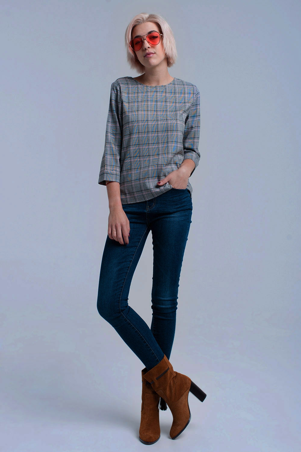 Top padrão de tartan rosa com fitas