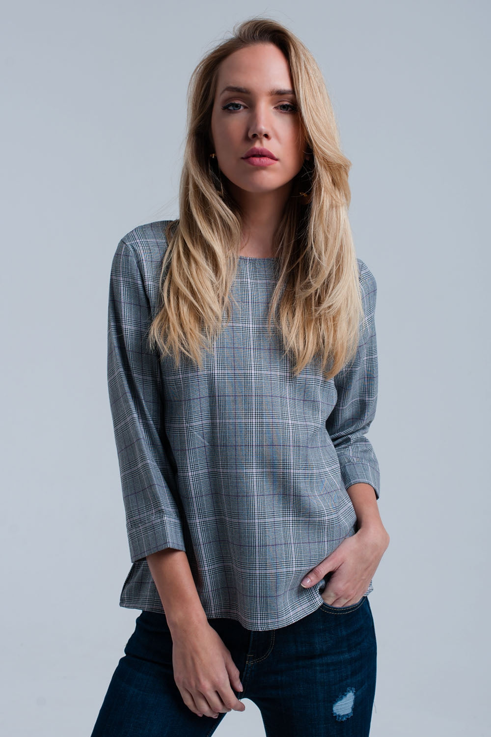 Q2 Top padrão de tartan roxa com fitas