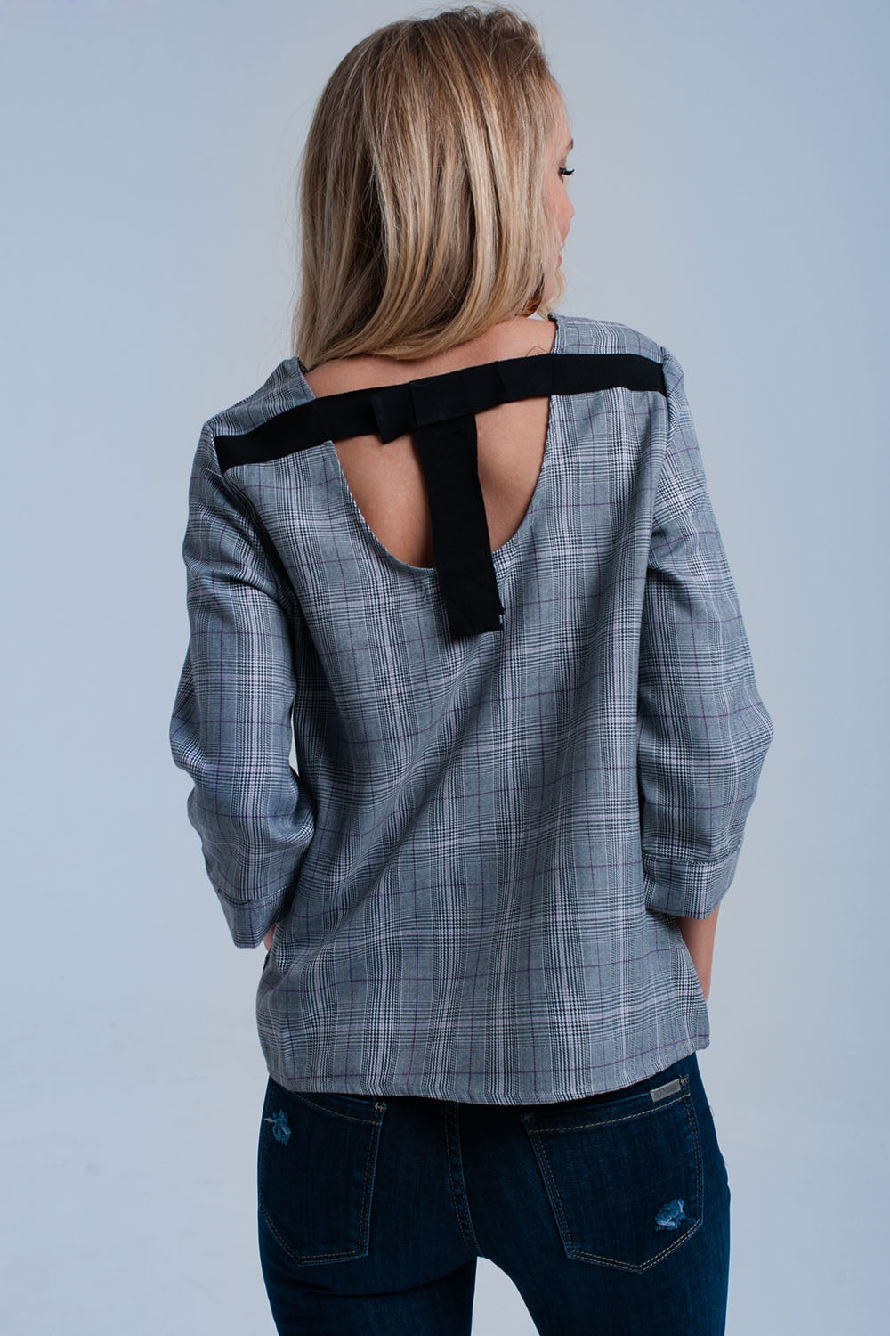 Top padrão de tartan roxa com fitas