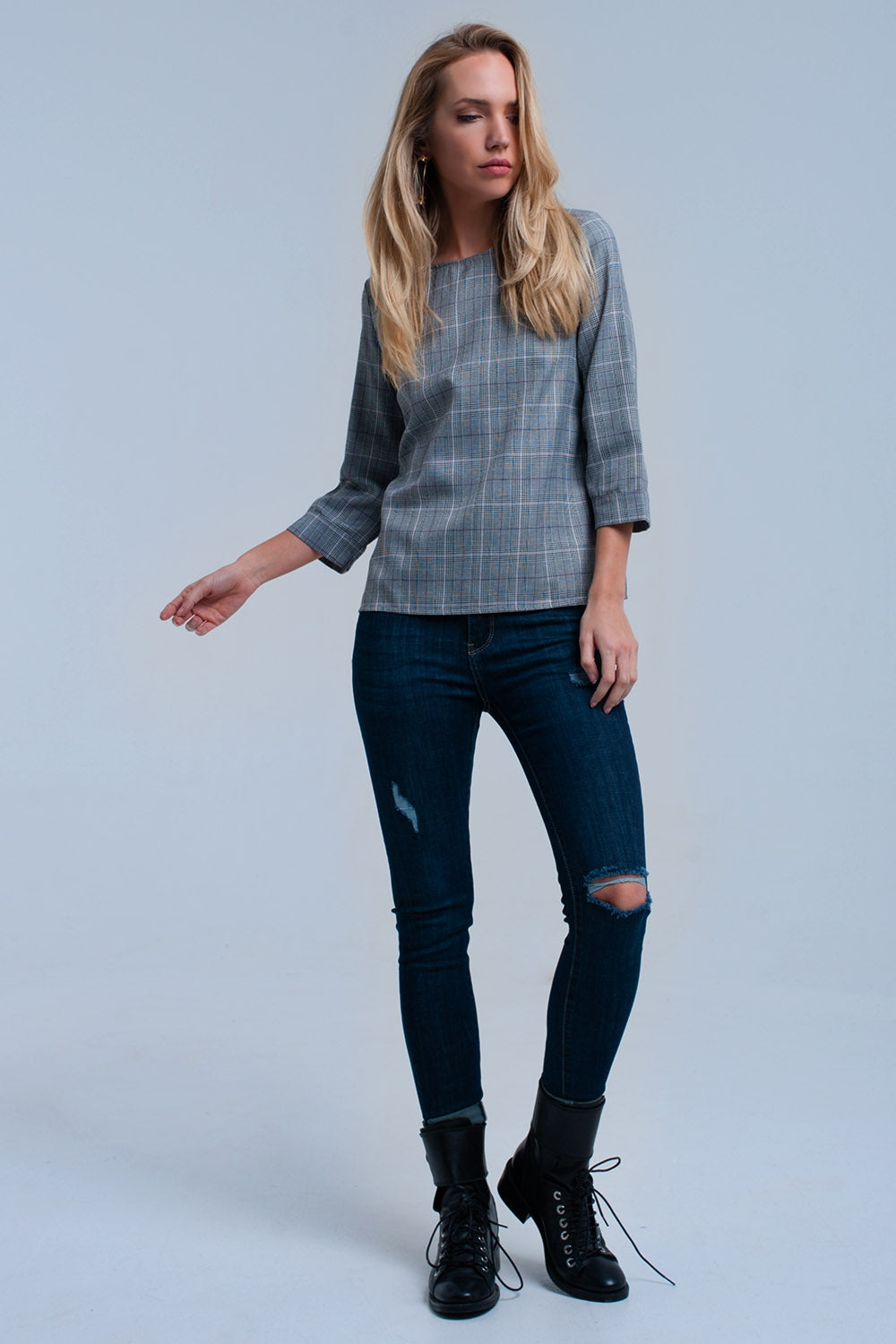 Top padrão de tartan roxa com fitas