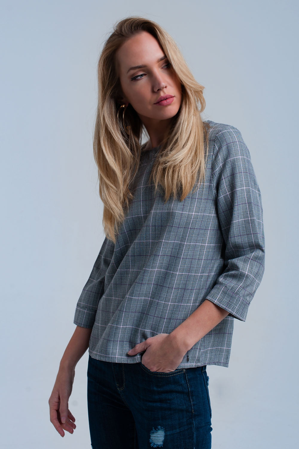 Top padrão de tartan roxa com fitas