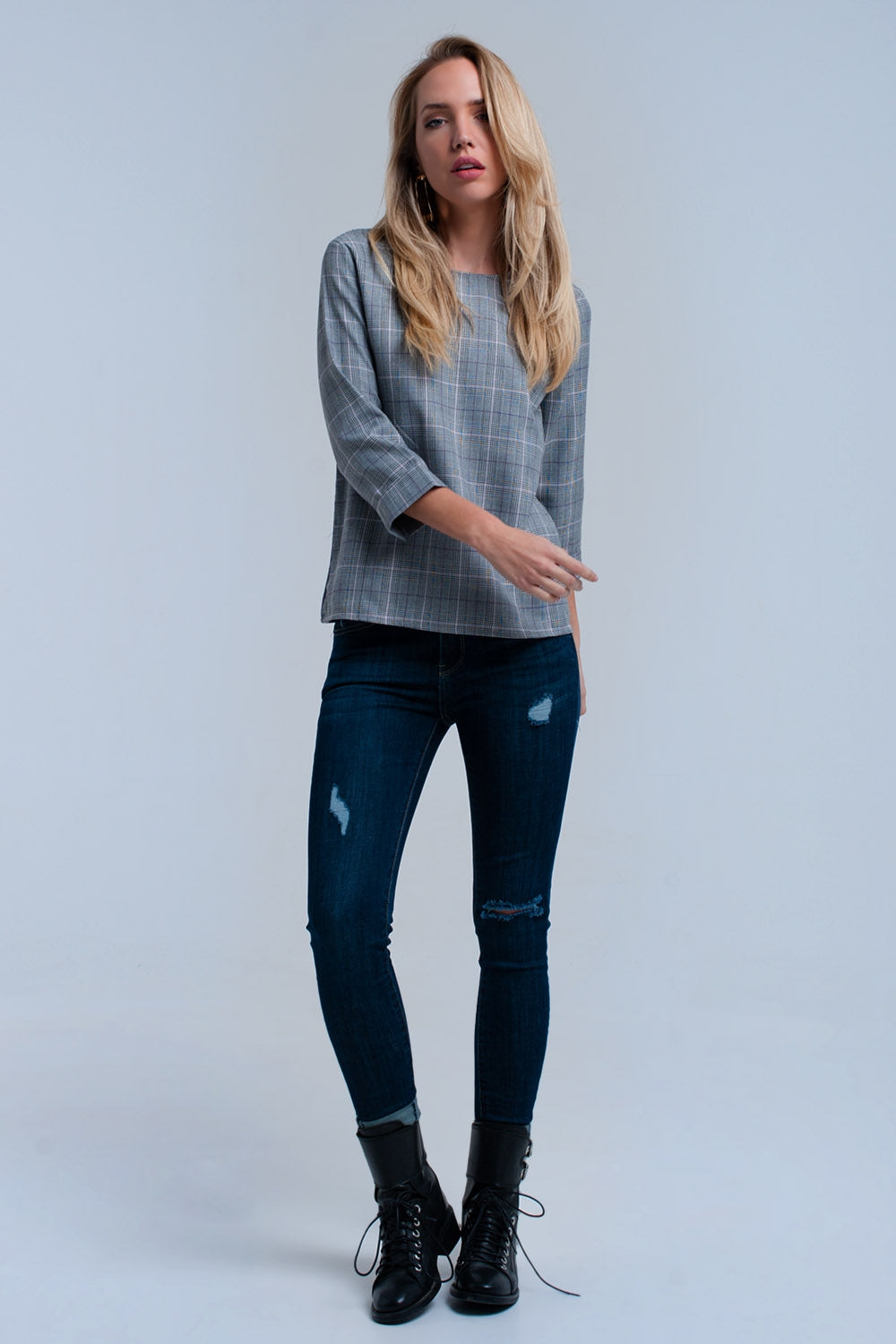 Top padrão de tartan roxa com fitas