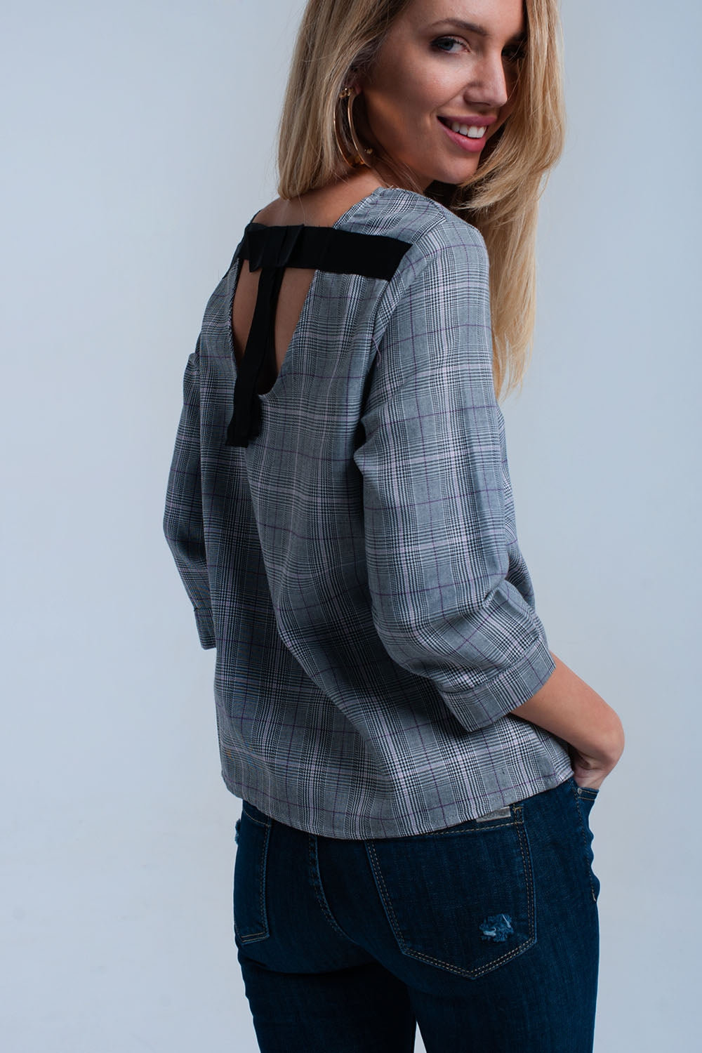 Top padrão de tartan roxa com fitas