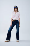 Top polo branco de malha com riscas cor-de-rosa