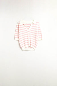 Top polo branco de malha com riscas cor-de-rosa