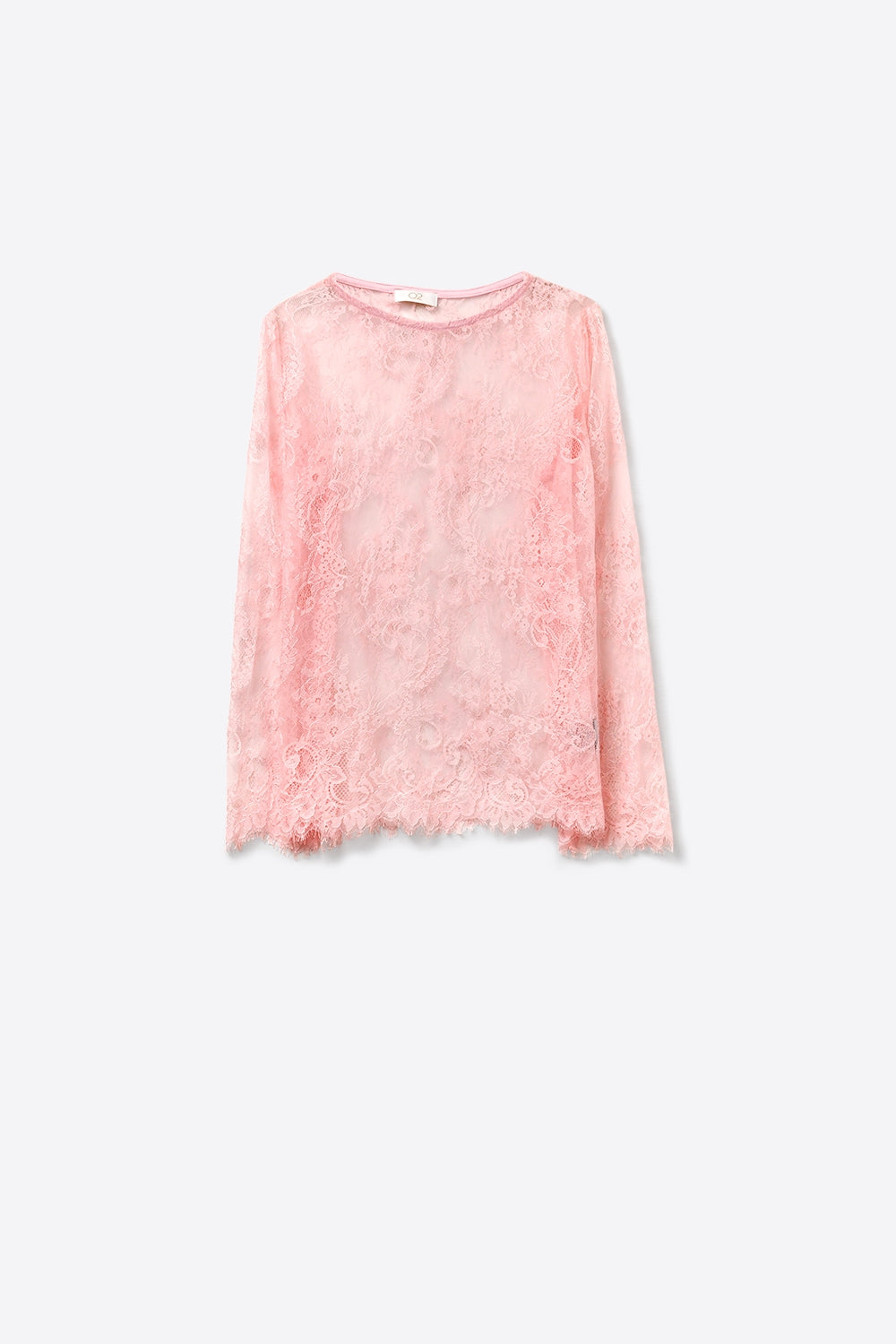 Top Transparente de Renda Rosa com Detalhe Floral de Manga Comprida