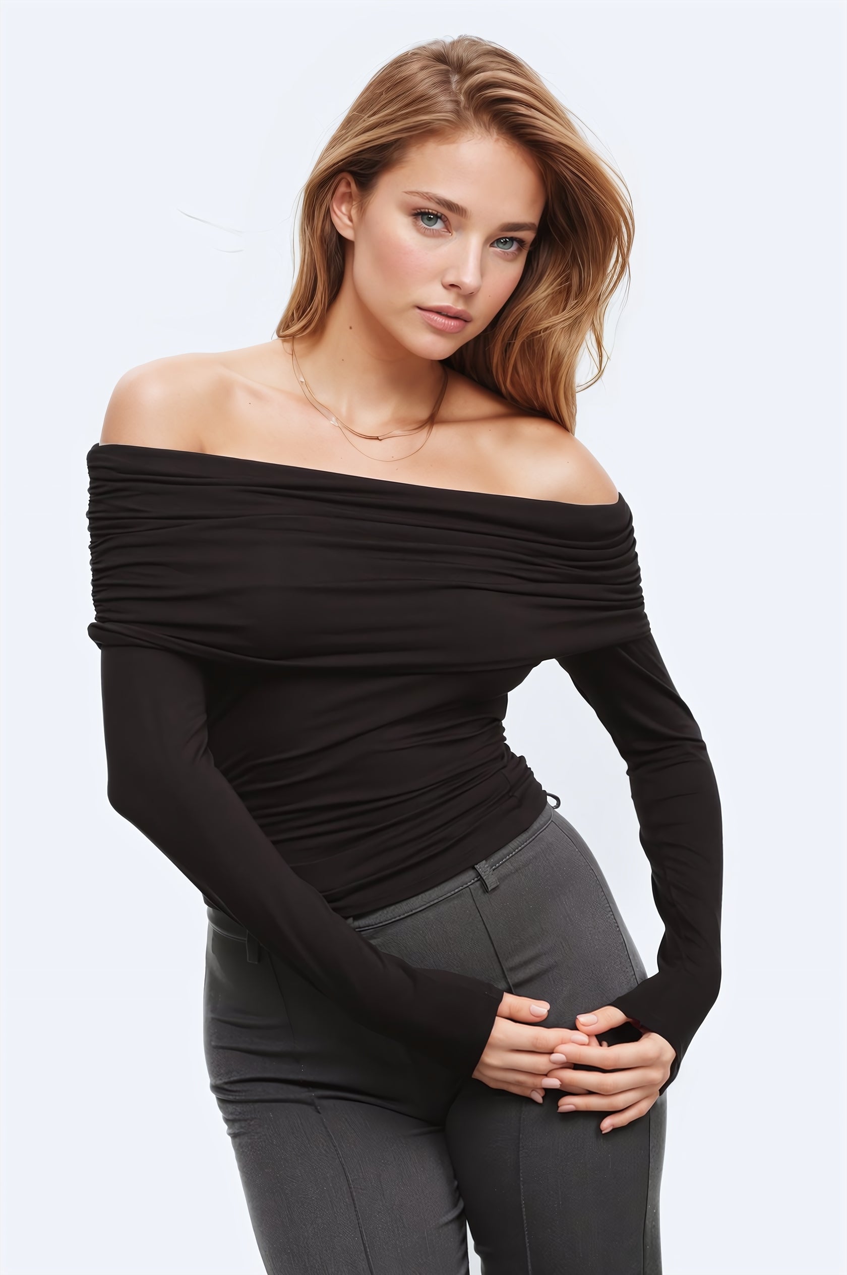 Q2 Top viscose Bodycon sem ombro em preto