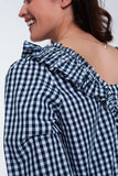 Top xadrez azul com decote quadrado