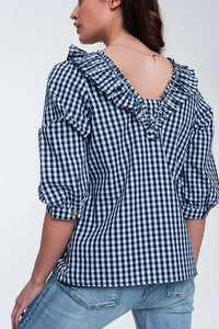Top xadrez azul com decote quadrado