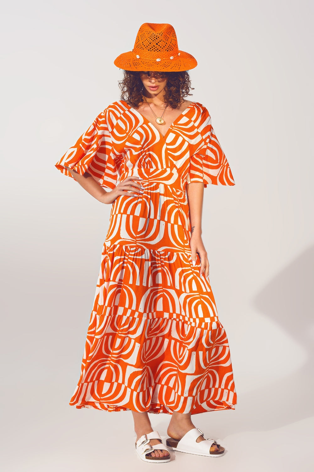 Q2 V Vestido Midi de Pescoço V com Impressão em Laranja