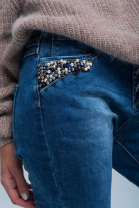Vaqueiro boyfriend azul com pérolas