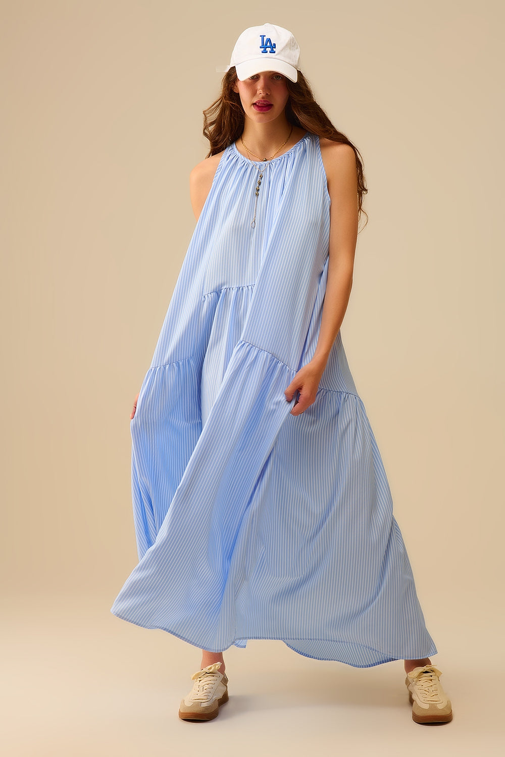 Vestido às riscas fluido e com halteres Azul e branco