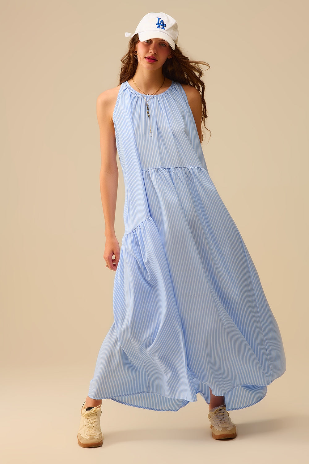 Q2 Vestido às riscas fluido e com halteres Azul e branco