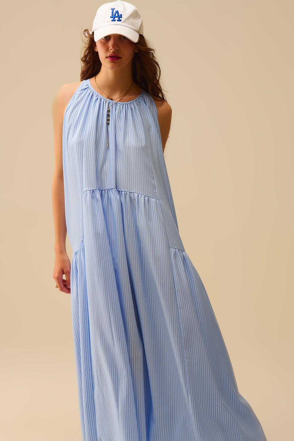 Vestido às riscas fluido e com halteres Azul e branco