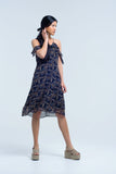 Q2 Vestido azul marinho com flores e babados impressos