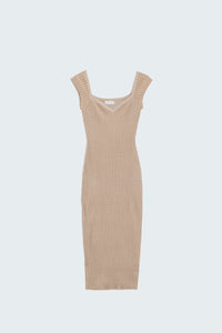 Q2 Vestido bege midi justo de malha grossa com mangas curtas