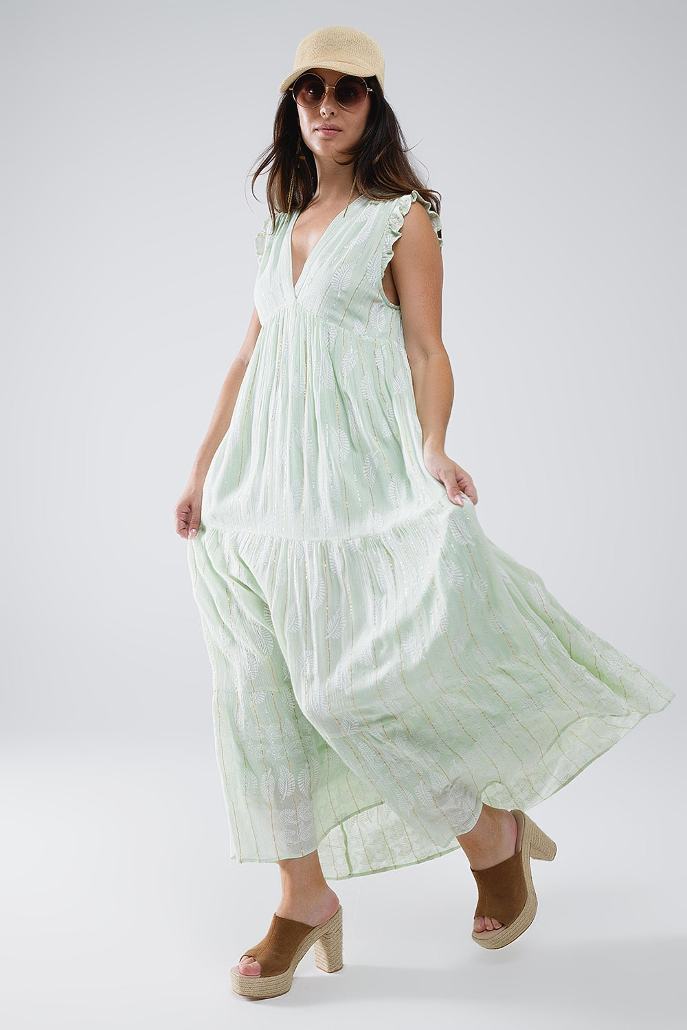 Q2 Vestido Boho Maxi Babydoll com estampado de folhas e lurex em menta