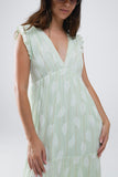 Vestido Boho Maxi Babydoll com estampado de folhas e lurex em menta