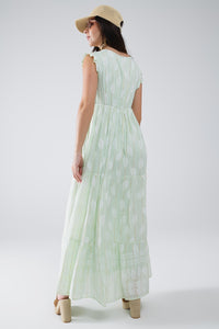 Vestido Boho Maxi Babydoll com estampado de folhas e lurex em menta