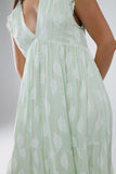 Vestido Boho Maxi Babydoll com estampado de folhas e lurex em menta