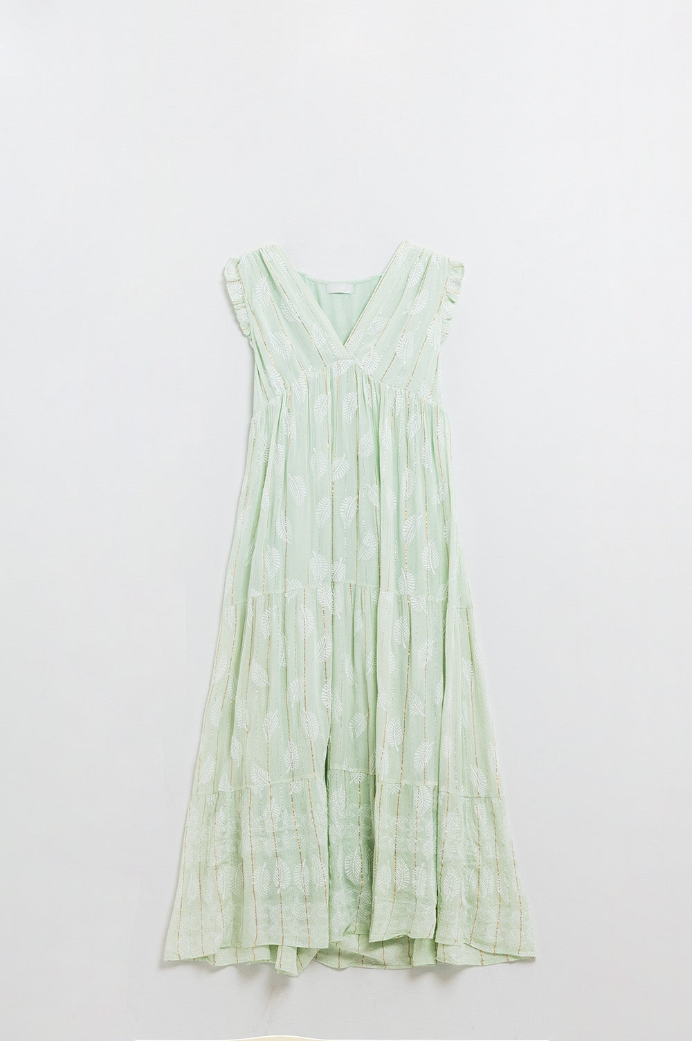 Vestido Boho Maxi Babydoll com estampado de folhas e lurex em menta