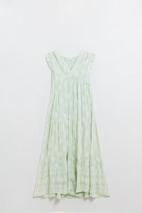 Vestido Boho Maxi Babydoll com estampado de folhas e lurex em menta