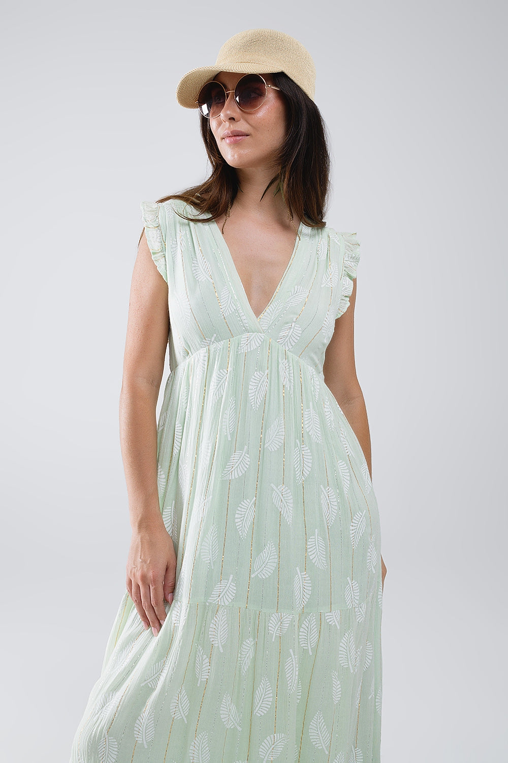 Vestido Boho Maxi Babydoll com estampado de folhas e lurex em menta