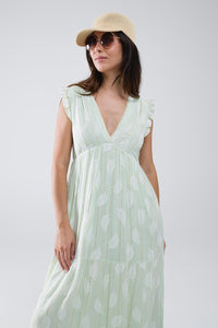 Vestido Boho Maxi Babydoll com estampado de folhas e lurex em menta