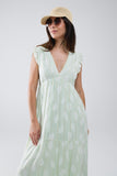 Vestido Boho Maxi Babydoll com estampado de folhas e lurex em menta