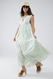 Q2 Vestido Boho Maxi Babydoll com estampado de folhas e lurex em menta