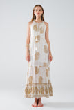 vestido boho maxi chiffon com estampado de flores douradas