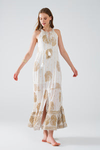 Q2 vestido boho maxi chiffon com estampado de flores douradas