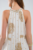 vestido boho maxi chiffon com estampado de flores douradas