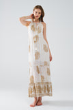 vestido boho maxi chiffon com estampado de flores douradas