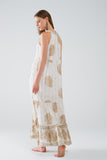 vestido boho maxi chiffon com estampado de flores douradas