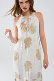 vestido boho maxi chiffon com estampado de flores douradas