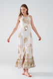 Q2 vestido boho maxi chiffon com estampado de flores douradas