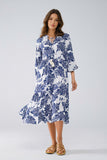 Vestido Boho Maxi com mangas em balão e estampado de folhas em azul escuro e branco
