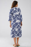 Vestido Boho Maxi com mangas em balão e estampado de folhas em azul escuro e branco