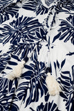 Vestido Boho Maxi com mangas em balão e estampado de folhas em azul escuro e branco