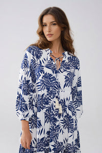 Vestido Boho Maxi com mangas em balão e estampado de folhas em azul escuro e branco