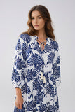 Vestido Boho Maxi com mangas em balão e estampado de folhas em azul escuro e branco