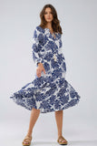Q2 Vestido Boho Maxi com mangas em balão e estampado de folhas em azul escuro e branco