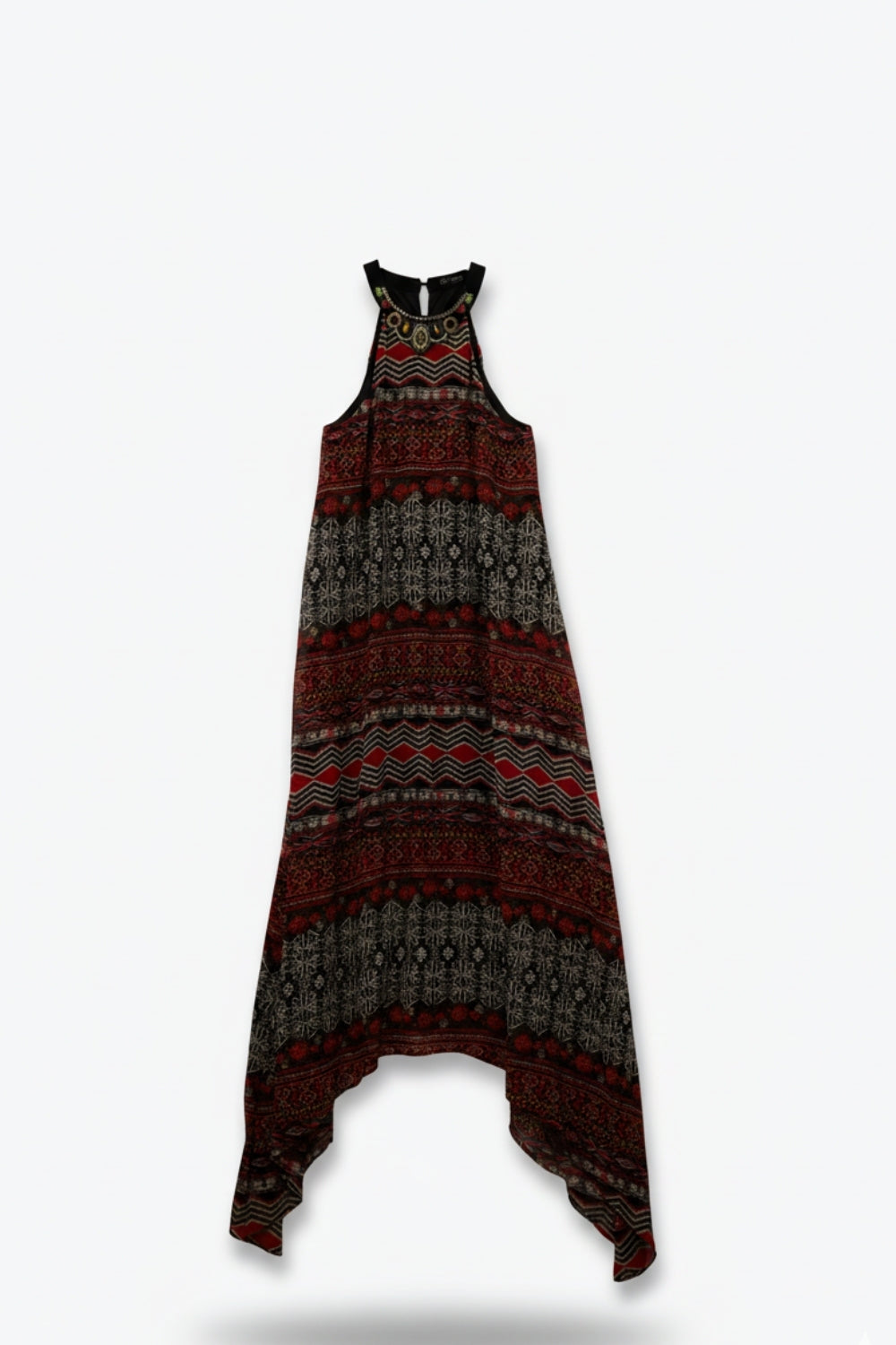 Q2 Vestido Boho Midi vermelho com estampado tribal